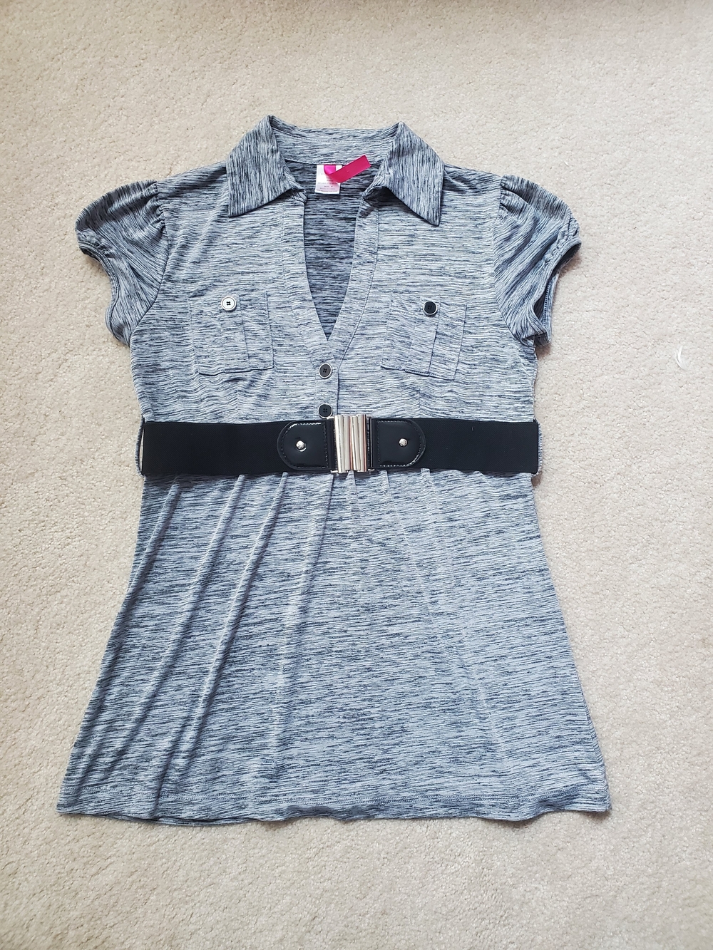 Heart Soul Collared Shirt With Belt Accent in Blue & Gray Size Medium